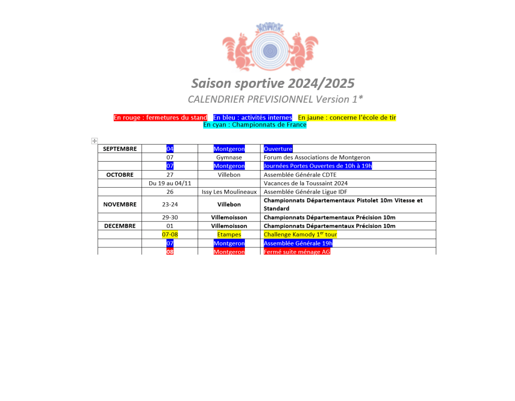 Calendrier prévisionnel du CTM